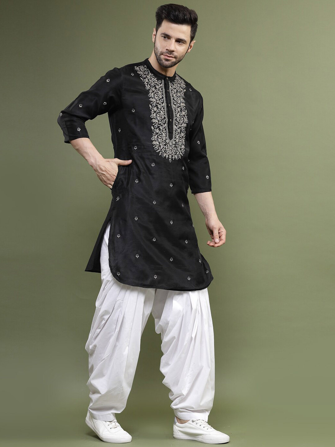 Buy Sangria Black Ethnic Motifs Embroidered Thread Work Mandarin Collar