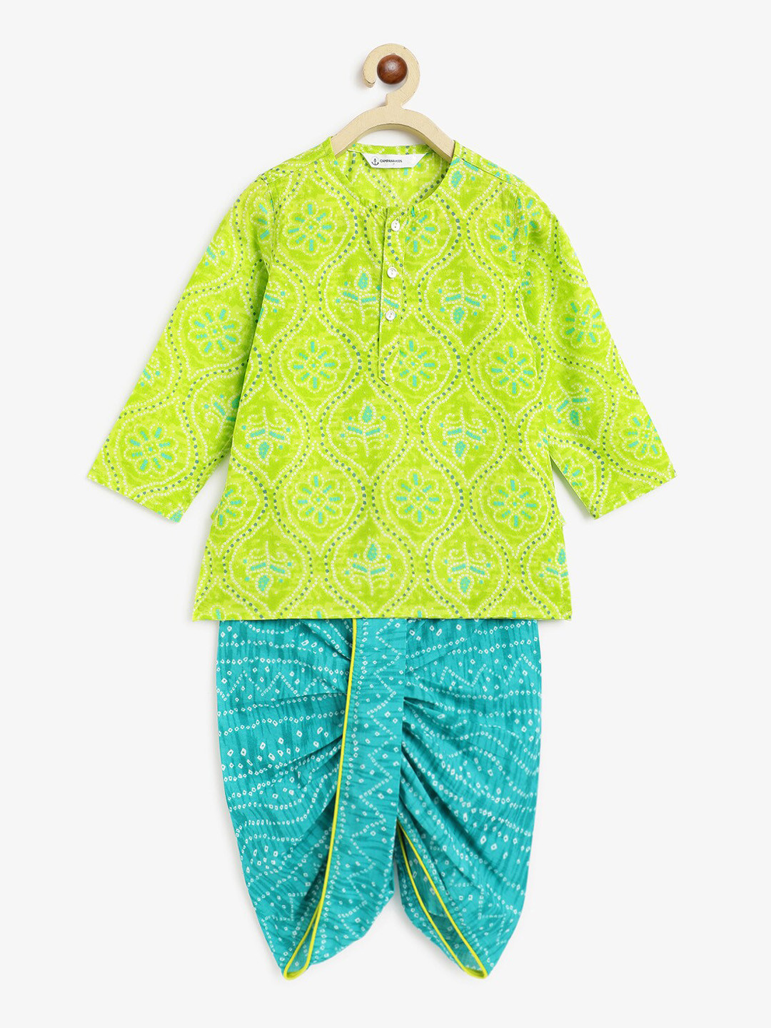 Campana Boys Bansi Dhoti Kurta Set - Pichwai Print - Off-White & Green