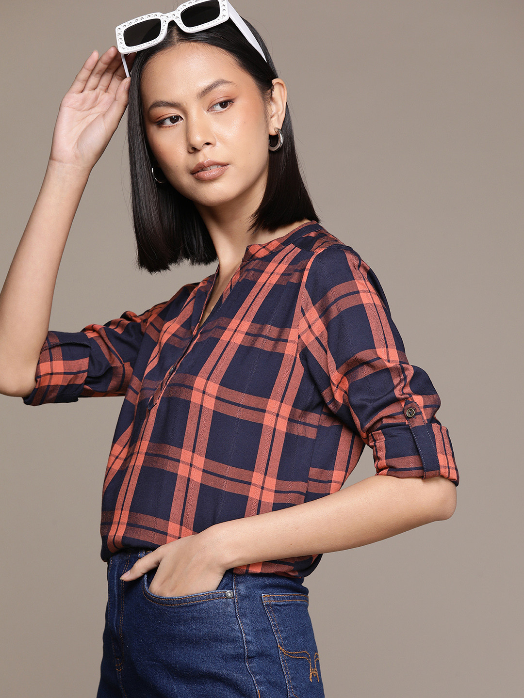 Women's Peach Shirt Collar Roll-Up Sleeves Shirt Midi Dress With Belted