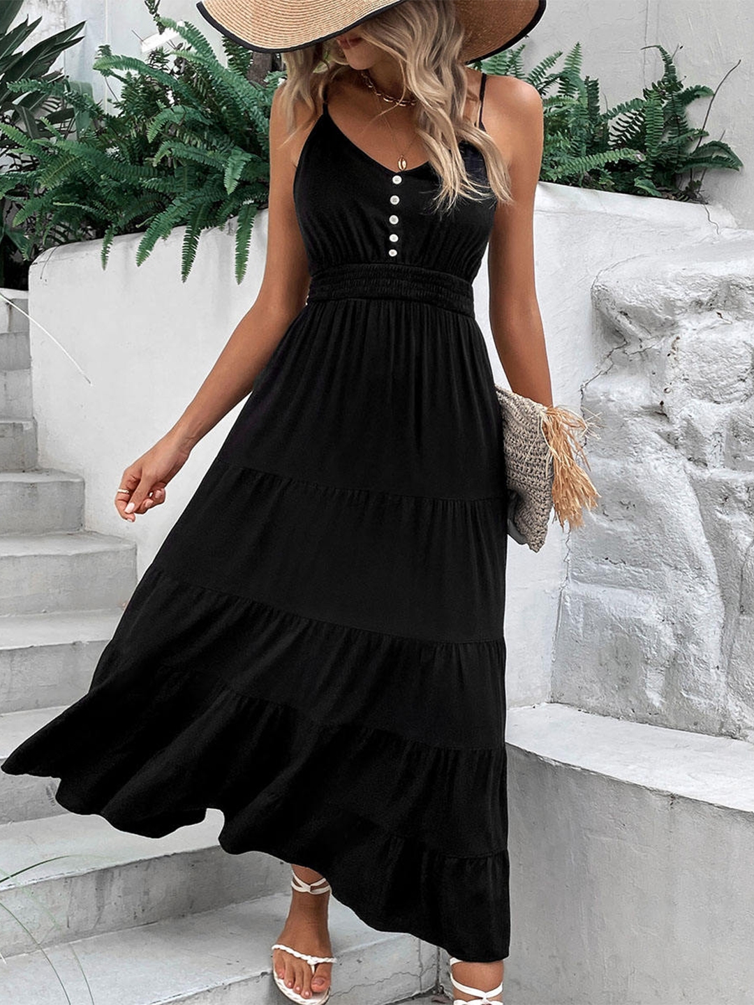 Buy StyleCast Black V Neck Shoulder Strap Tiered Fit & Flare Maxi Dress ...