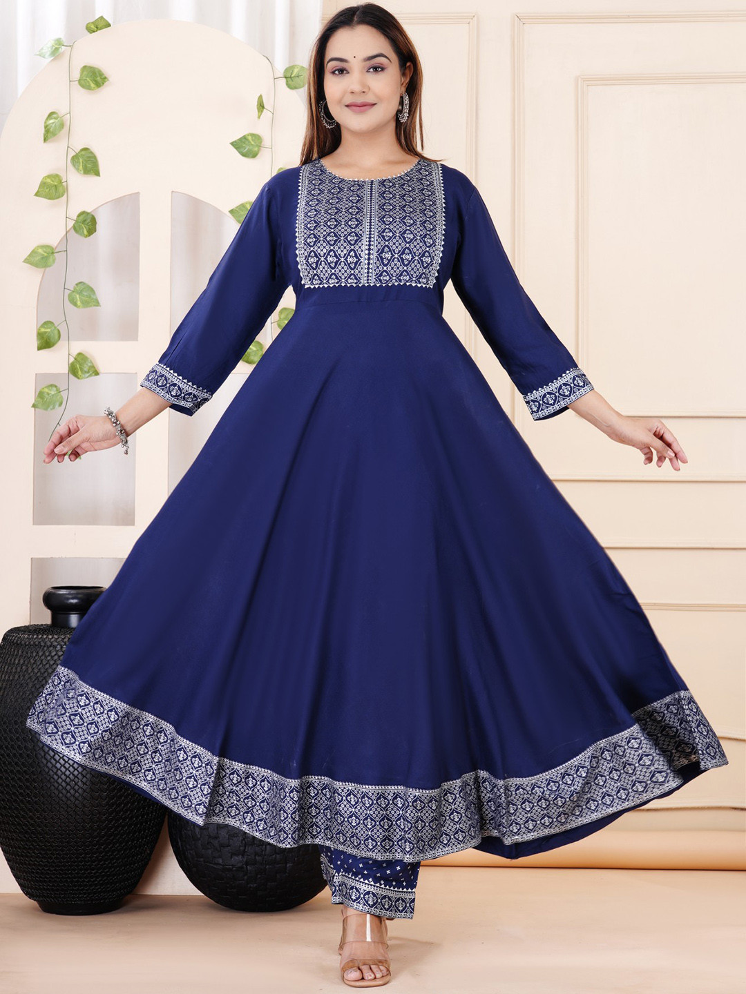 Women Gotta Patti Detail Long Sleeve A-Line Kurti Set With Dupatta