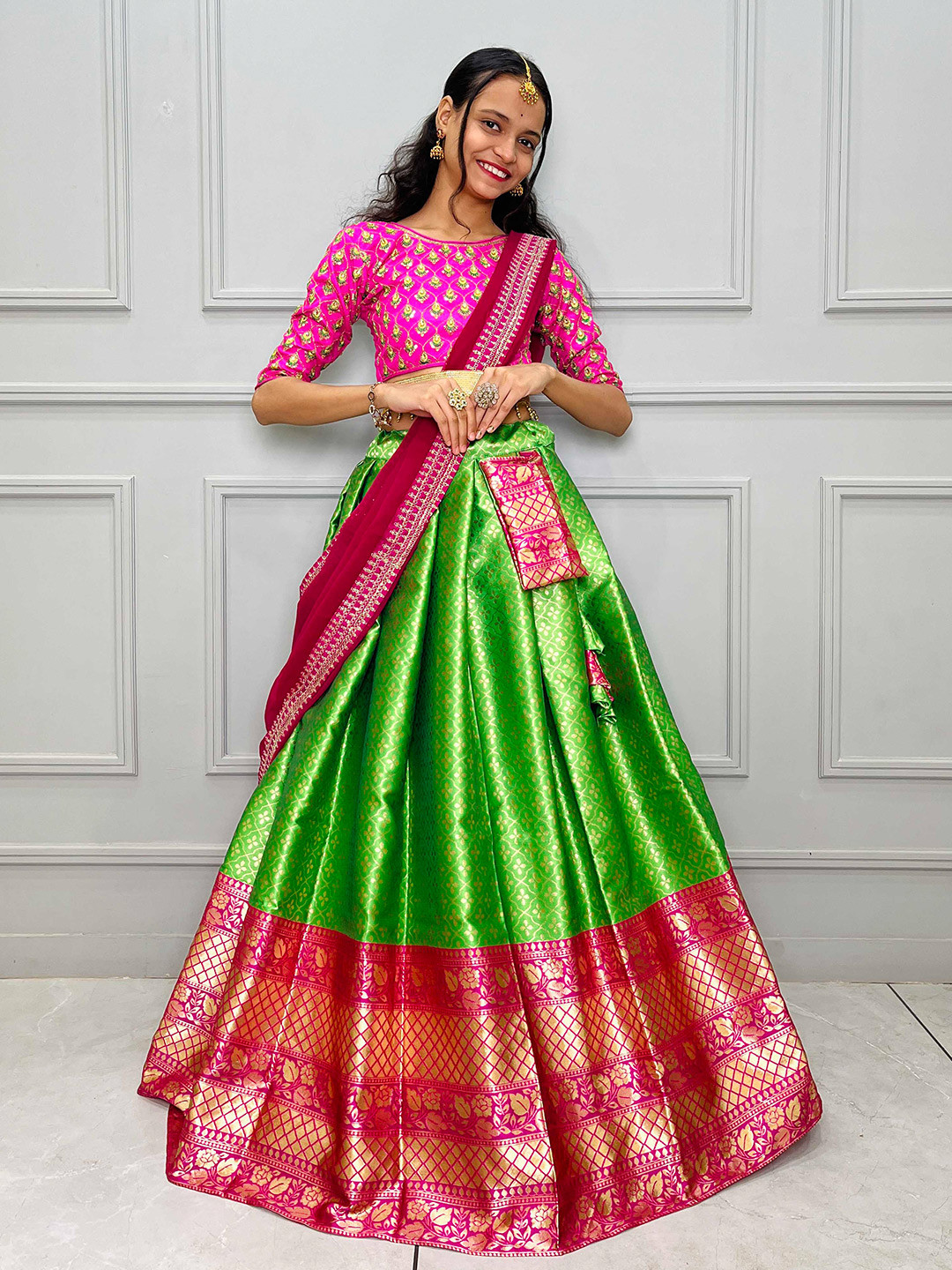 Palm Green Lehenga style Suit Semi-Stitch main image 0