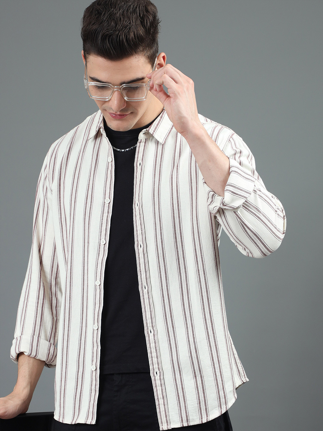 Men's Cream Striped Slim Fit Shirt