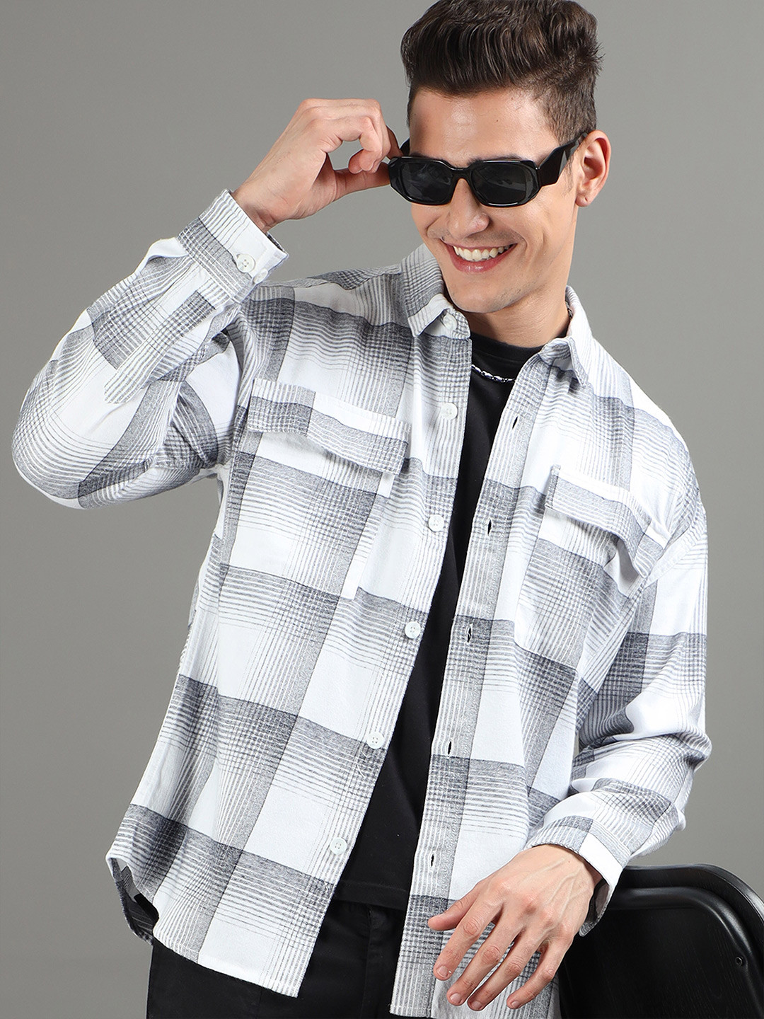 Men's Grey Spread Collar Tartan Checked Shacket