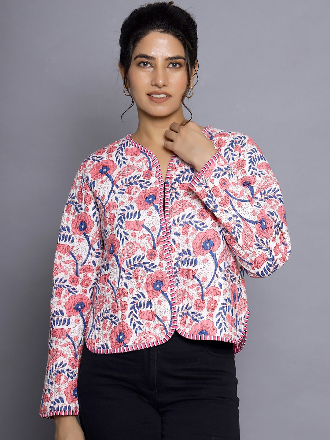 Plum Leaf Print Handloom Cotton Jacket Top- Reversible
