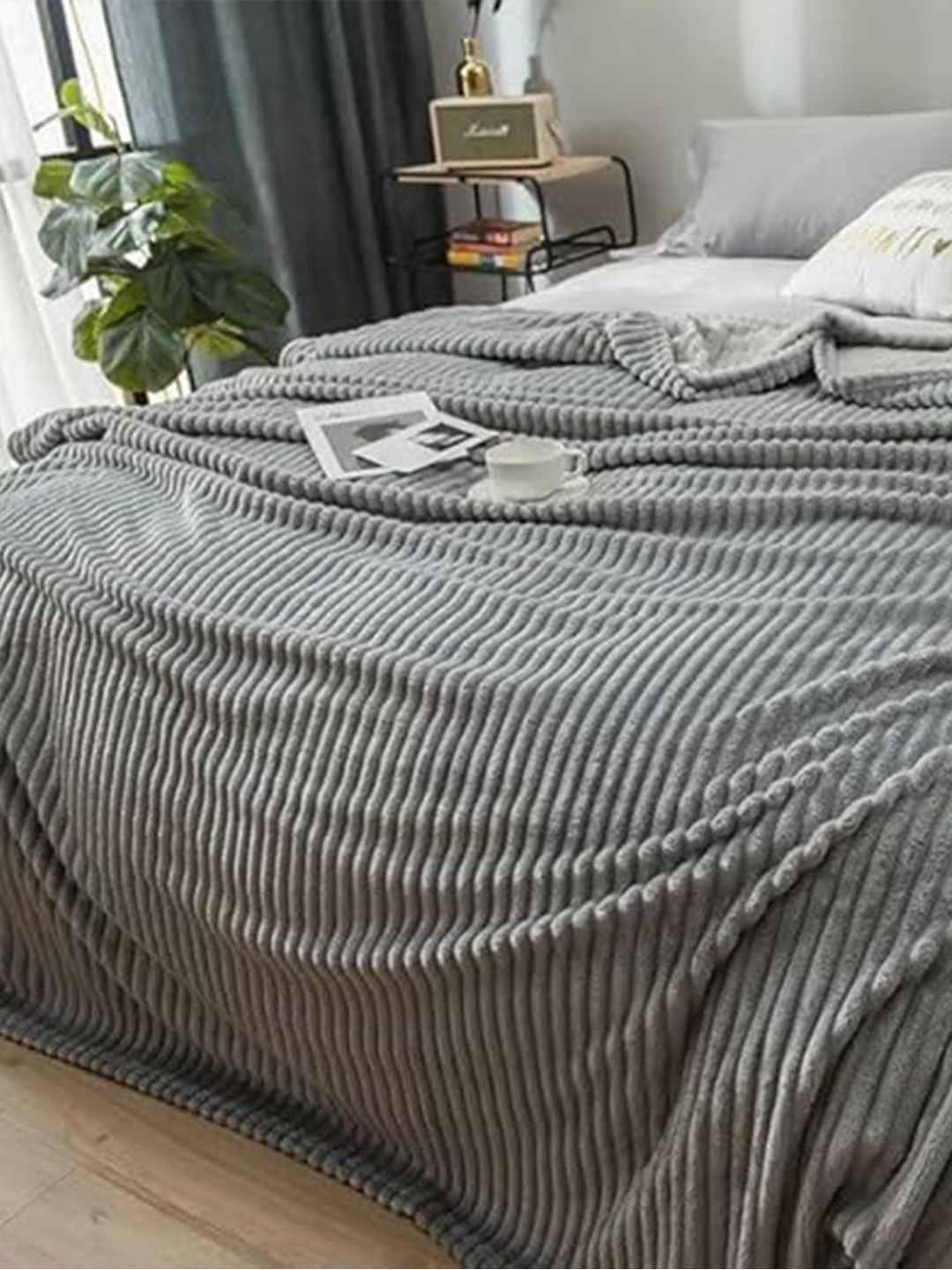 Buy Sasimo Grey Striped Fleece Mild Winter 110 GSM Double Bed Blanket