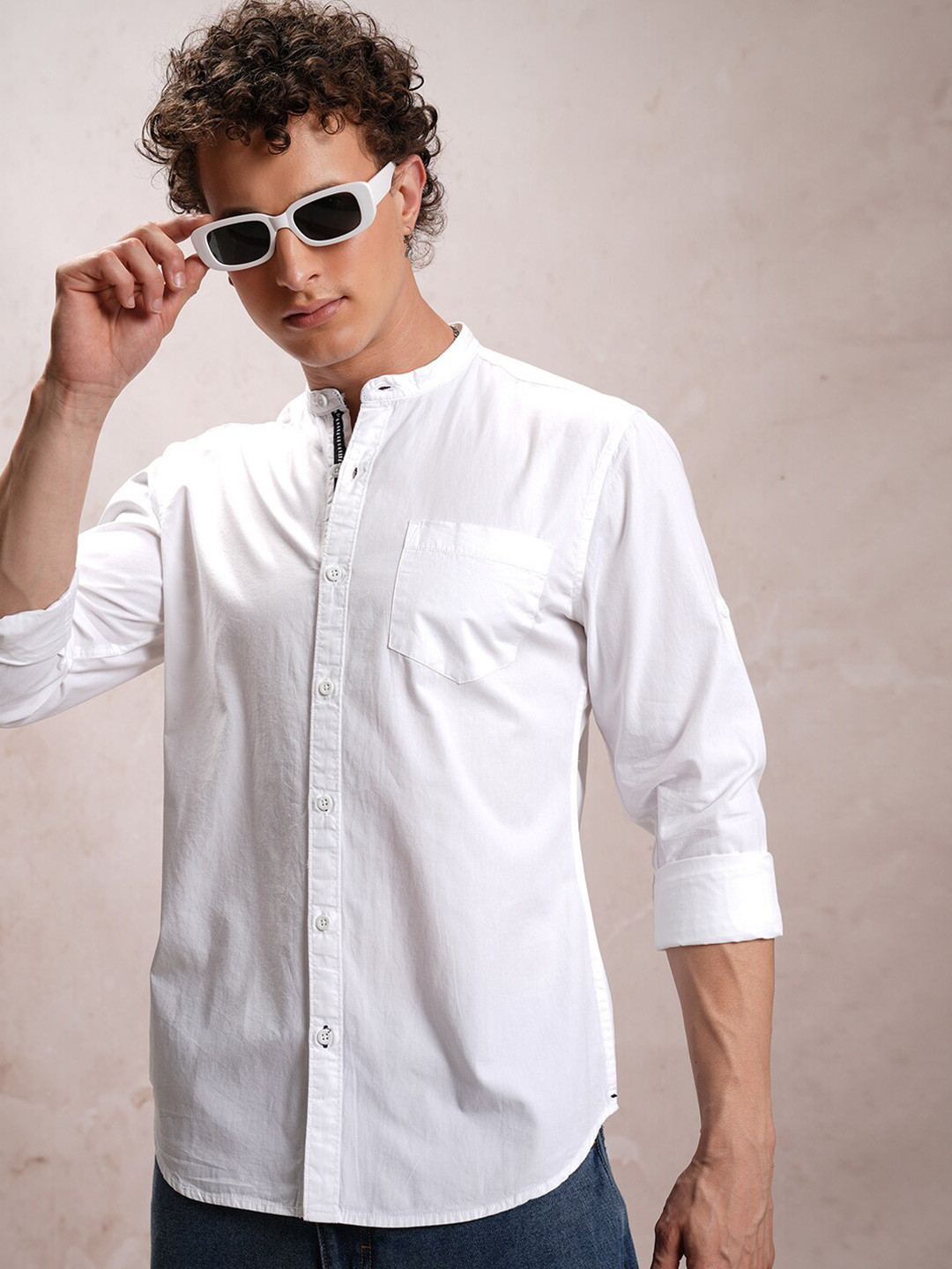 Men's White Comfort Slim Fit Mandarin Collar Vertical Striped Cotton Casual Shirt