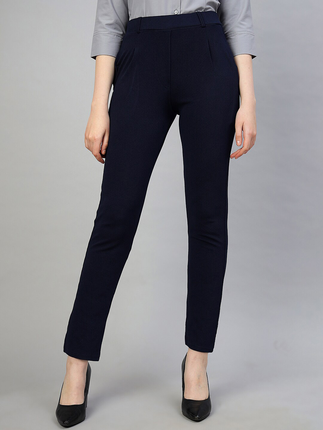Women's Charcoal Solid Comfort Slim Fit Formal Trousers
