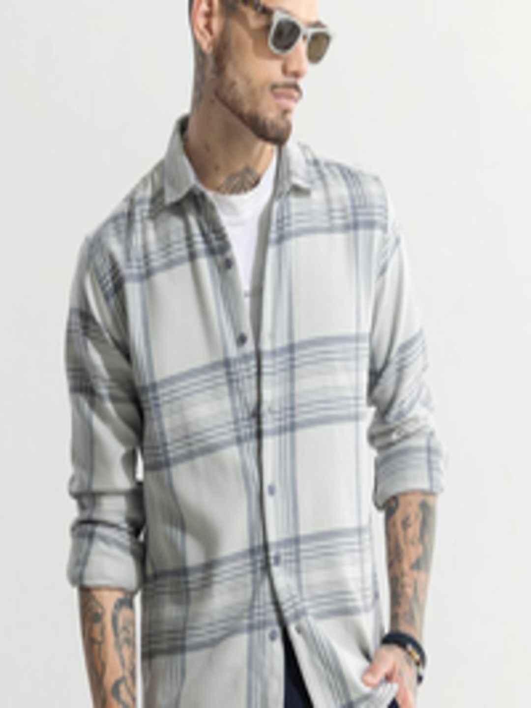 Buy Snitch Grey Classic Slim Fit Checked Cotton Shacket - Shirts for ...