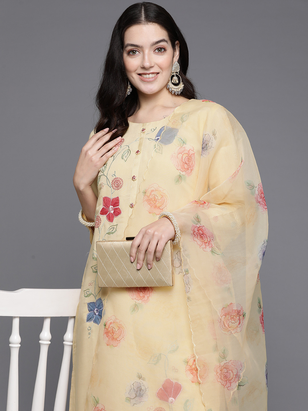 Indo Era Orange Embroidered Straight Kurta Skirt With Jacket Set