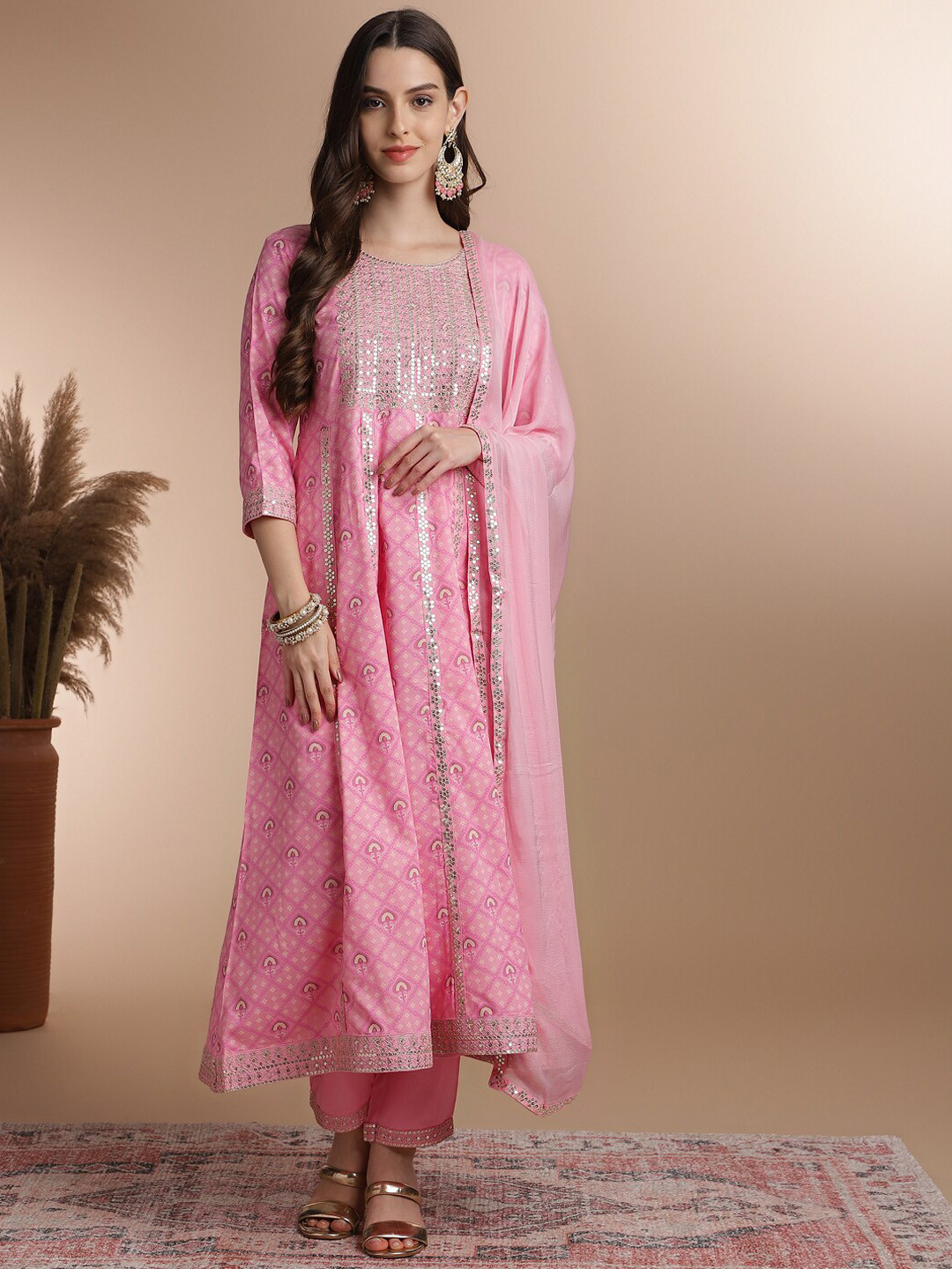 Pink And White Floral Print Anarkali Kurta Trousers Dupatta Set