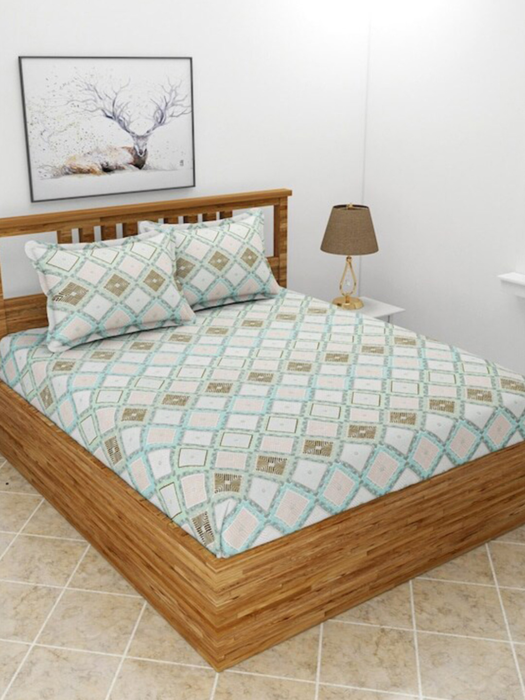 Buy TEAL BY CHUMBAK Blue Printed Fitted Cotton 144 TC Queen Bedsheet