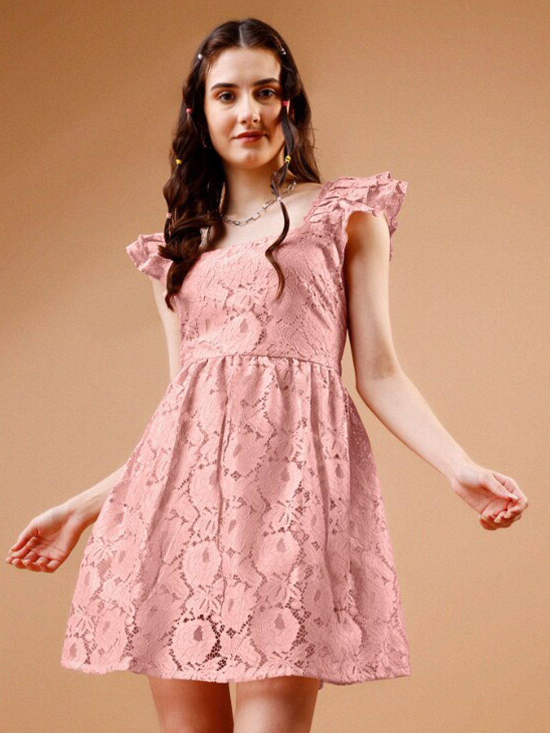 Buy WESTHOOD Floral Self Design Square Neck Lace Fit & Flare Mini Dress ...