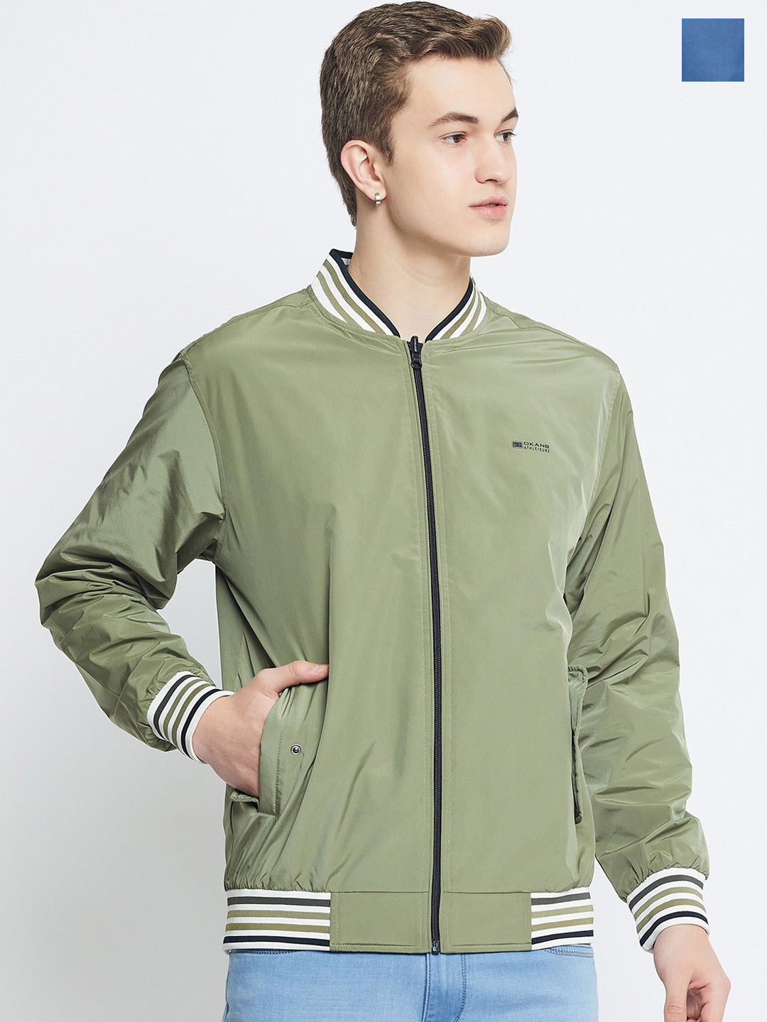 Men's Mock Collar Olive Solid Casual Bomber Jacket main image 1