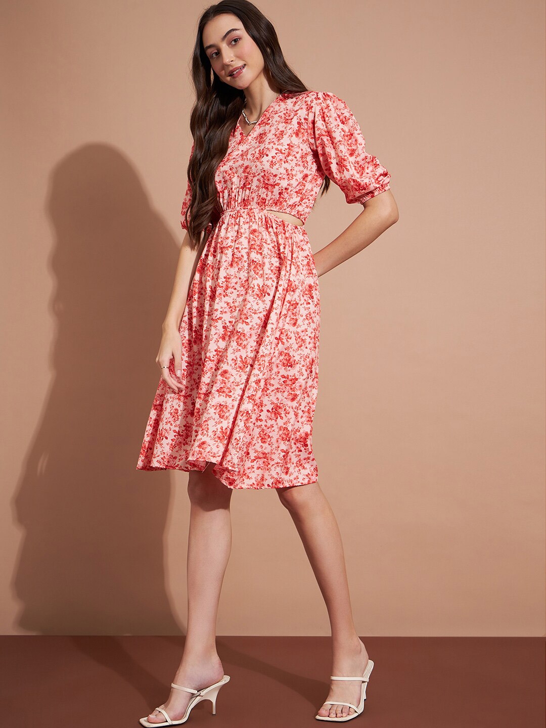 Buy DressBerry Orange Floral Printed Puff Sleeve Cut Out Fit & Flare ...