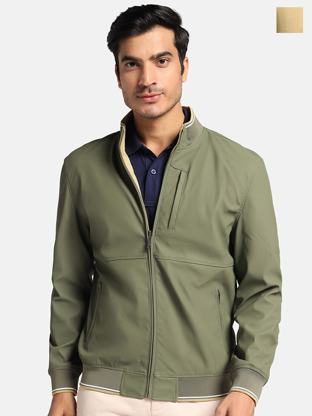Men's Geometric Mock Collar Black Bomber Jacket