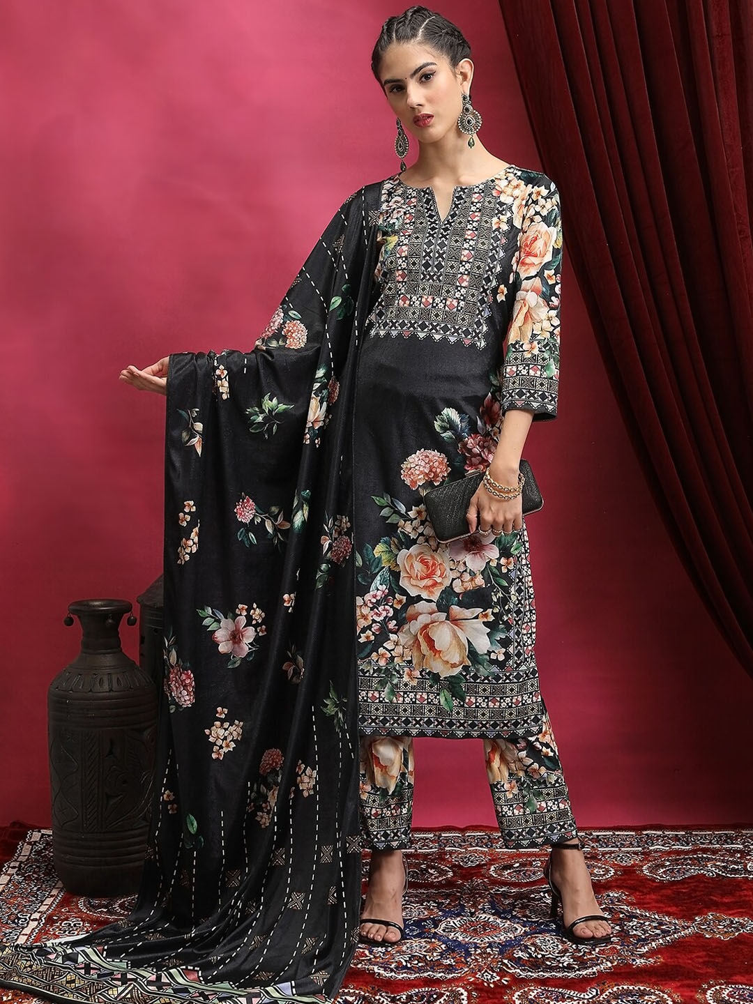 Buy Vishudh Black Floral Printed Regular Kurta With Trousers & Dupatta ...