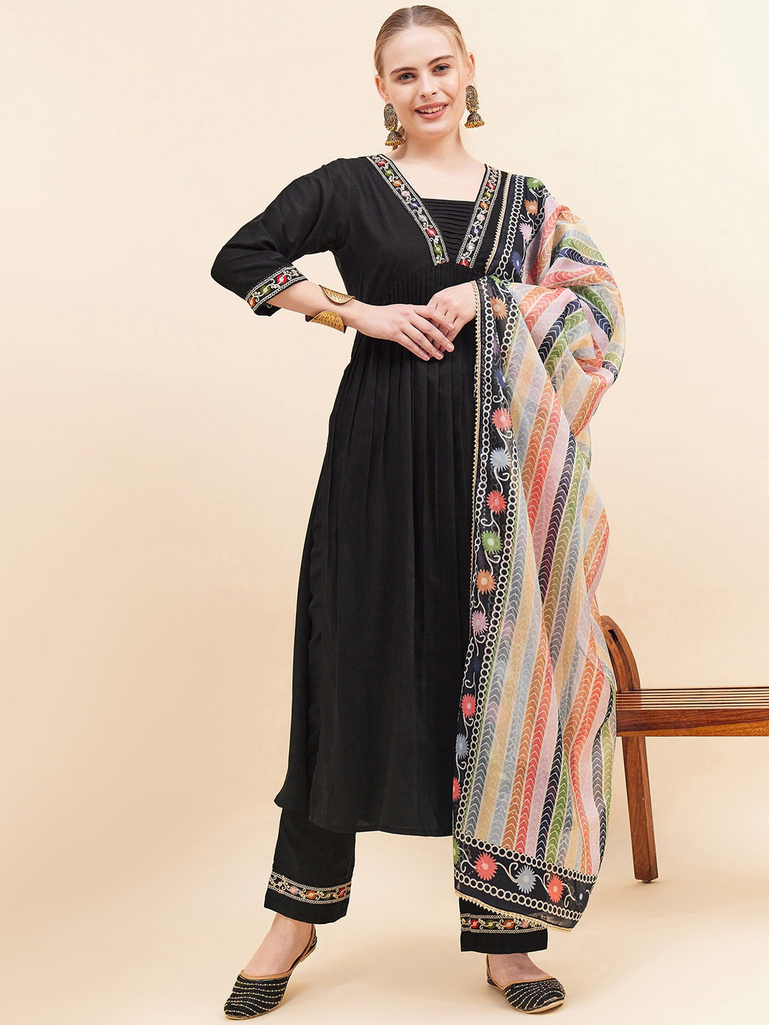 Plus Size Floral Yoke Designed Pleated Kurta with Trouser & Dupatta