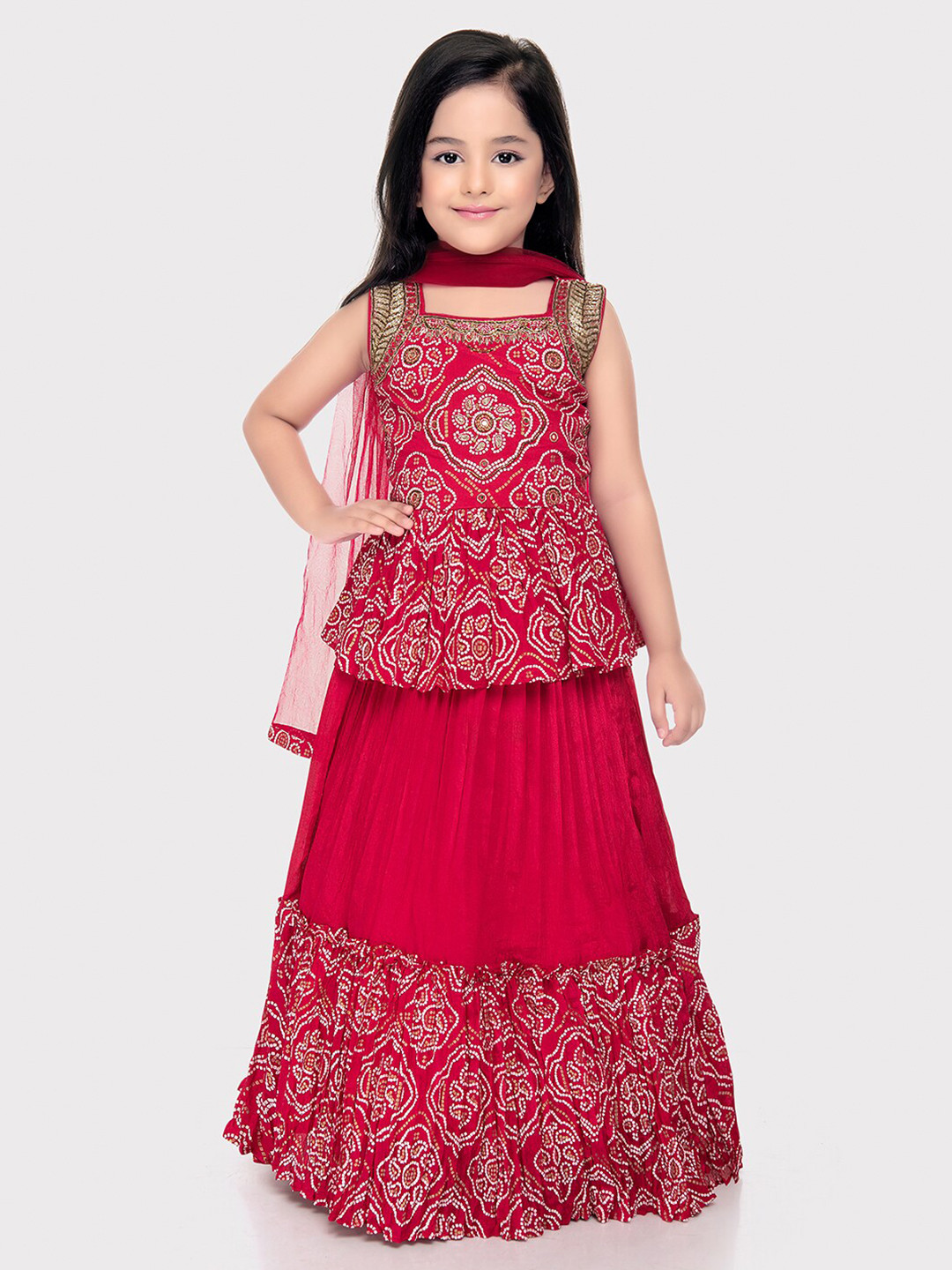 Girls Black Embroidered Choli, With Printed Lehenga Has A Dupatta