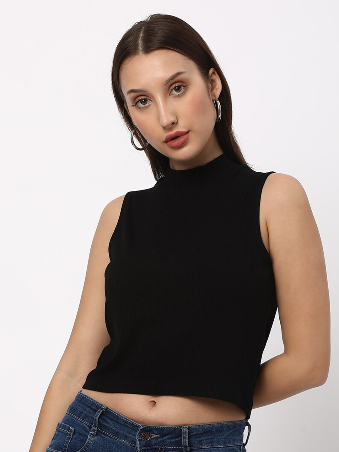 Women's Blue Ribbed High Neck Crop Top main image 0