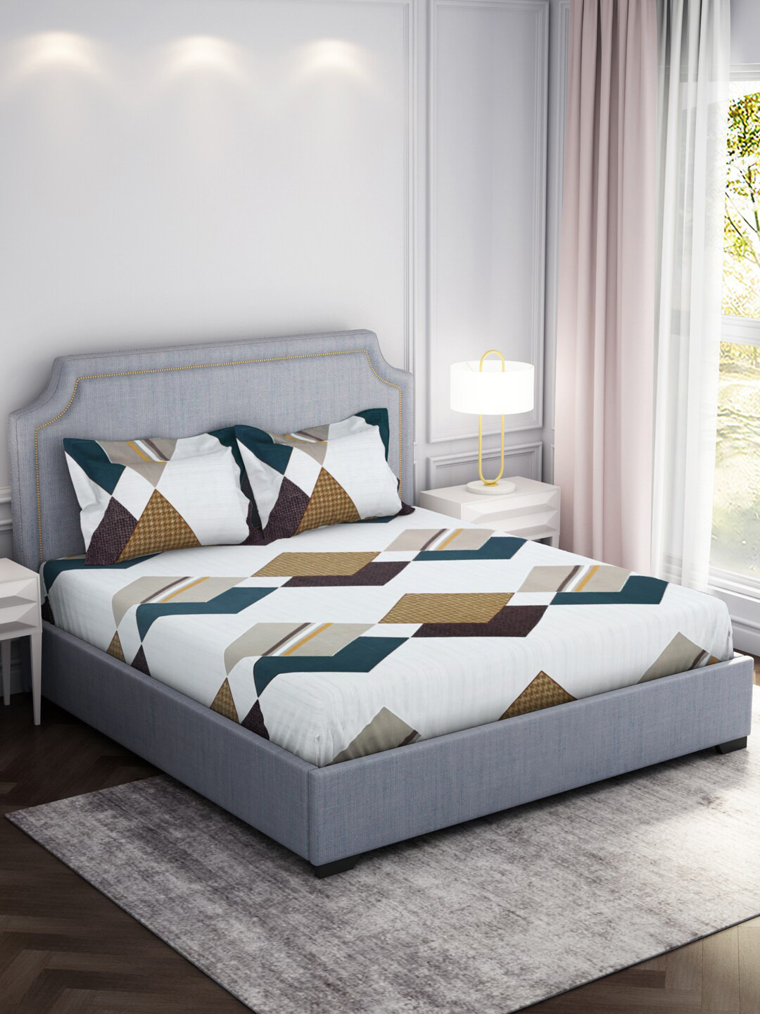 Buy Welspun Off White Geometric Microfiber 130 TC King Bedsheet With 2