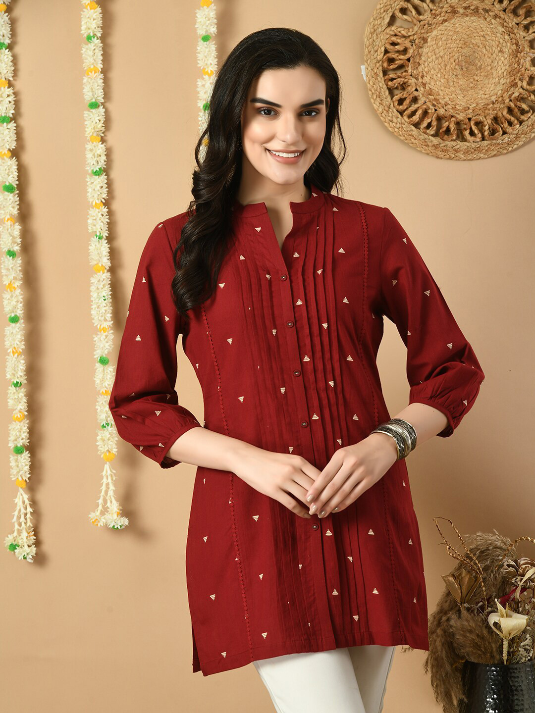 Meesan Women's Floral Print Tunic Top - 3/4 Sleeve Mandarin Collar, Modal Fabric, Casual & Office Wear (S-XXXL) - View #9
