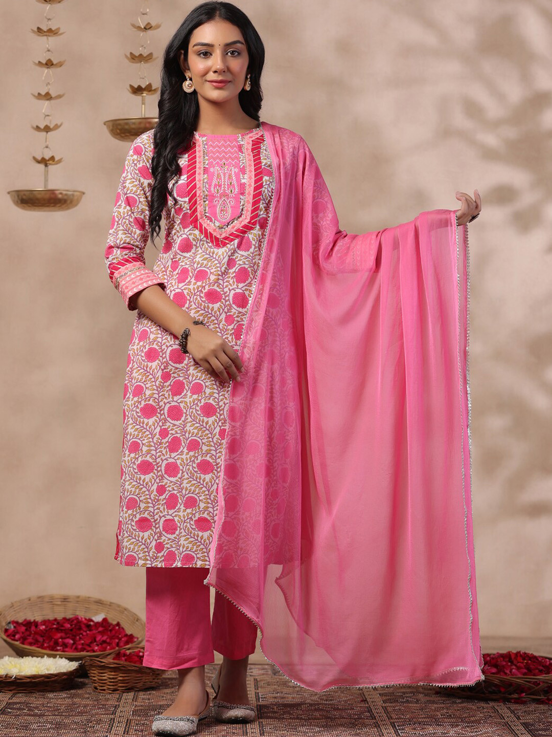 ANUBHUTEE Women's Cotton Printed Kurta Set With Palazzos & Dupatta - Ethnic Motifs, Pink, Medium - View #8