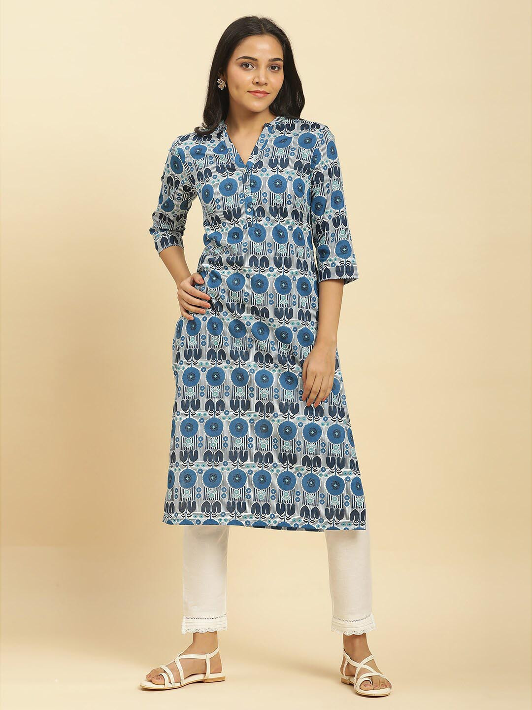 Women Blue & White Printed A-Line Kurta