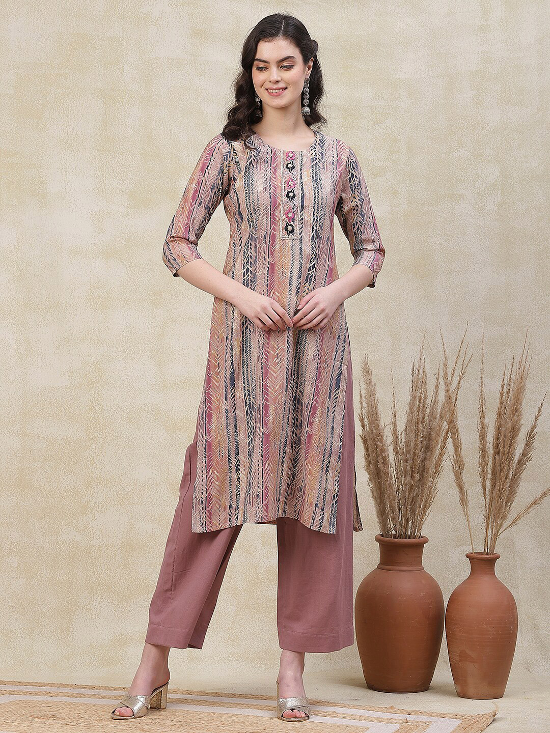 Premium Cotton Rose Print Kurta with Chevron Pants & Slip