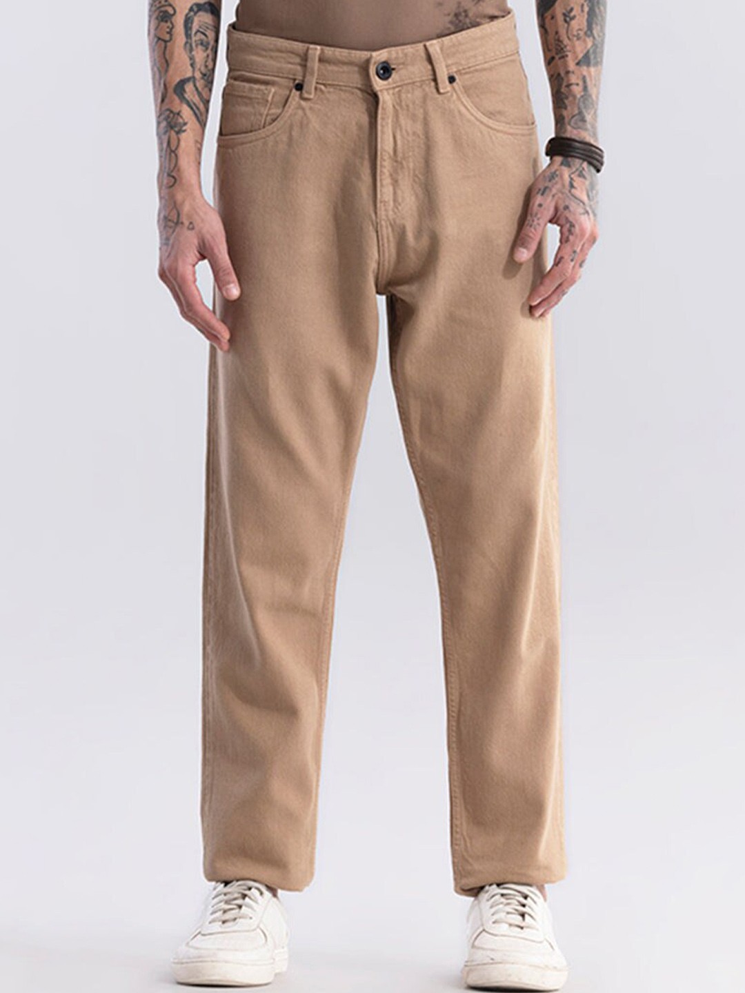 Buy Snitch Men Beige Baggy Fit Relaxed Fit Pure Cotton Jeans - Jeans ...