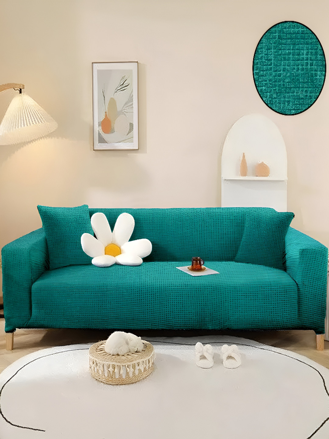 Buy Cortina Green Checked Jacquard Stretchable Three Seater Sofa Cover