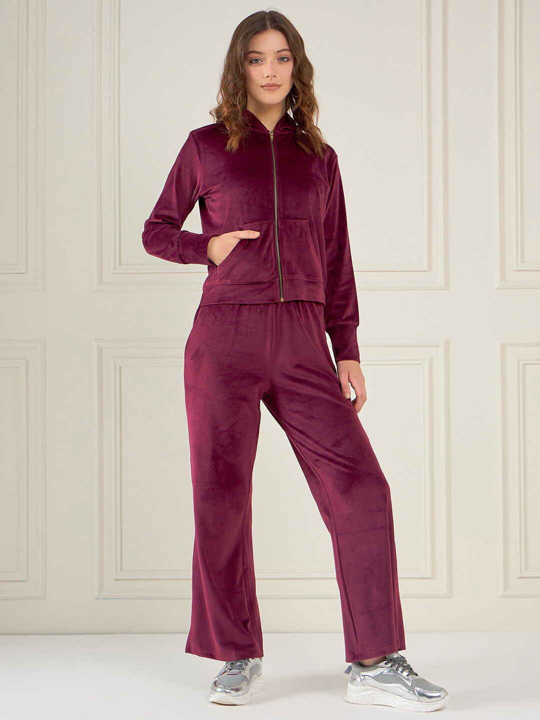 Women Red Terry Crop Sweatshirt With Track Pant