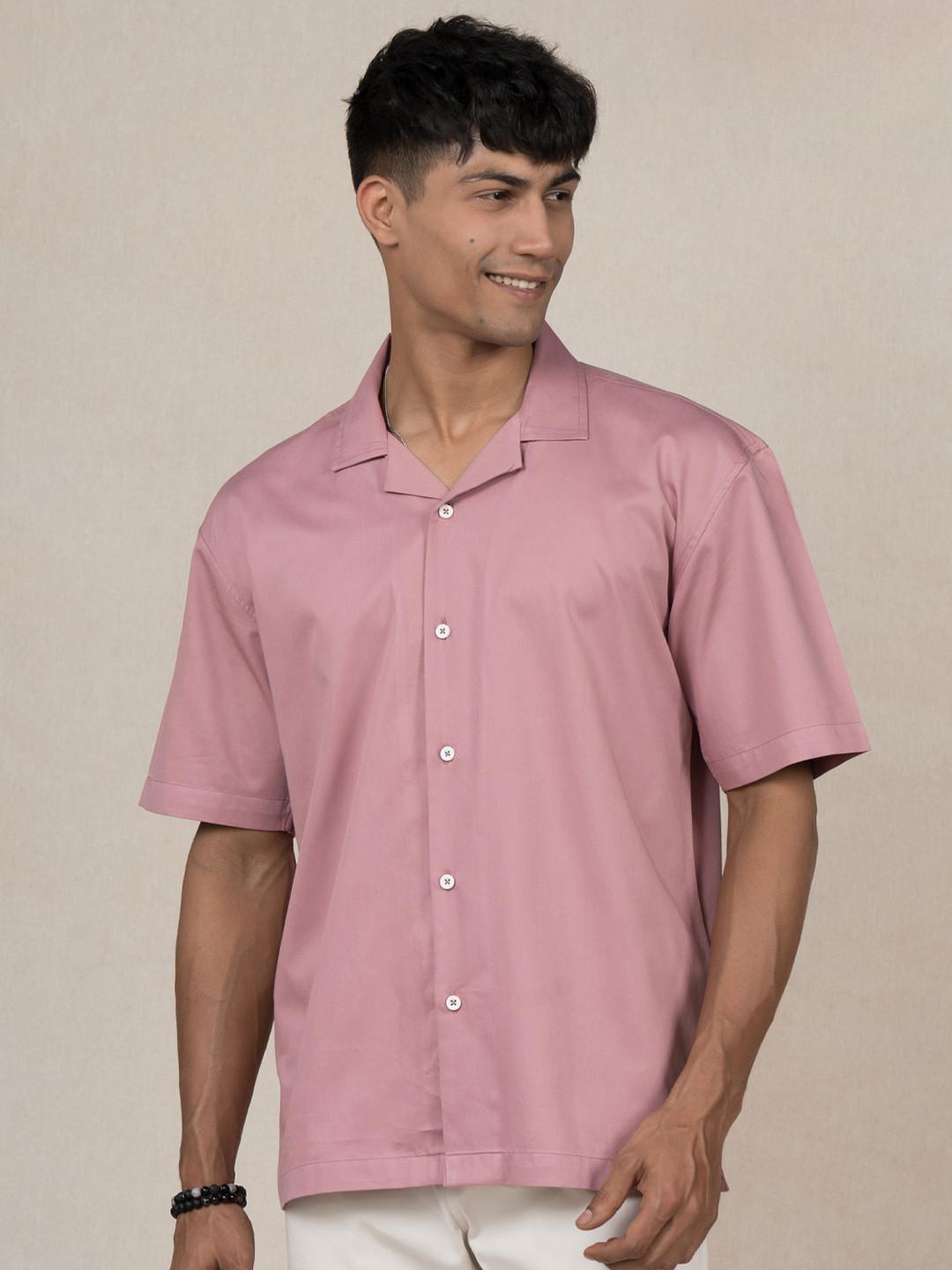 Men's Pink Comfort Cuban Collar Solid Crepe Relaxed Fit Casual Shirt