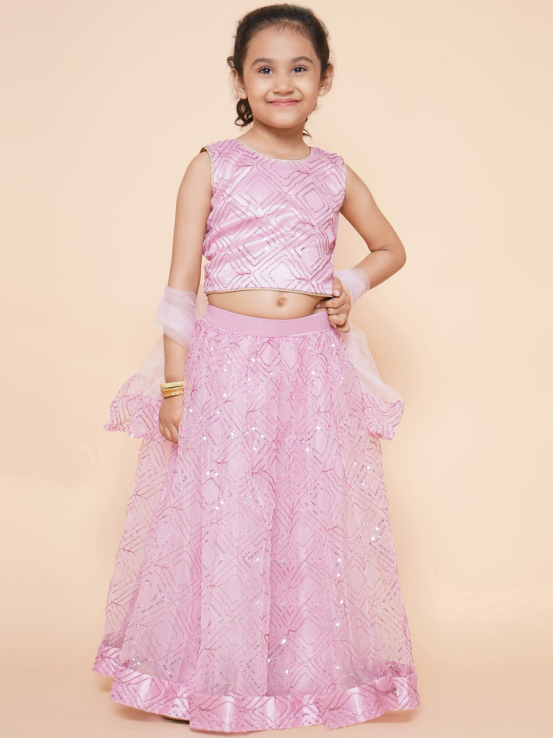 Girls Yellow & Orange Solid Ready To Wear Lehenga & Blouse With Dupatta