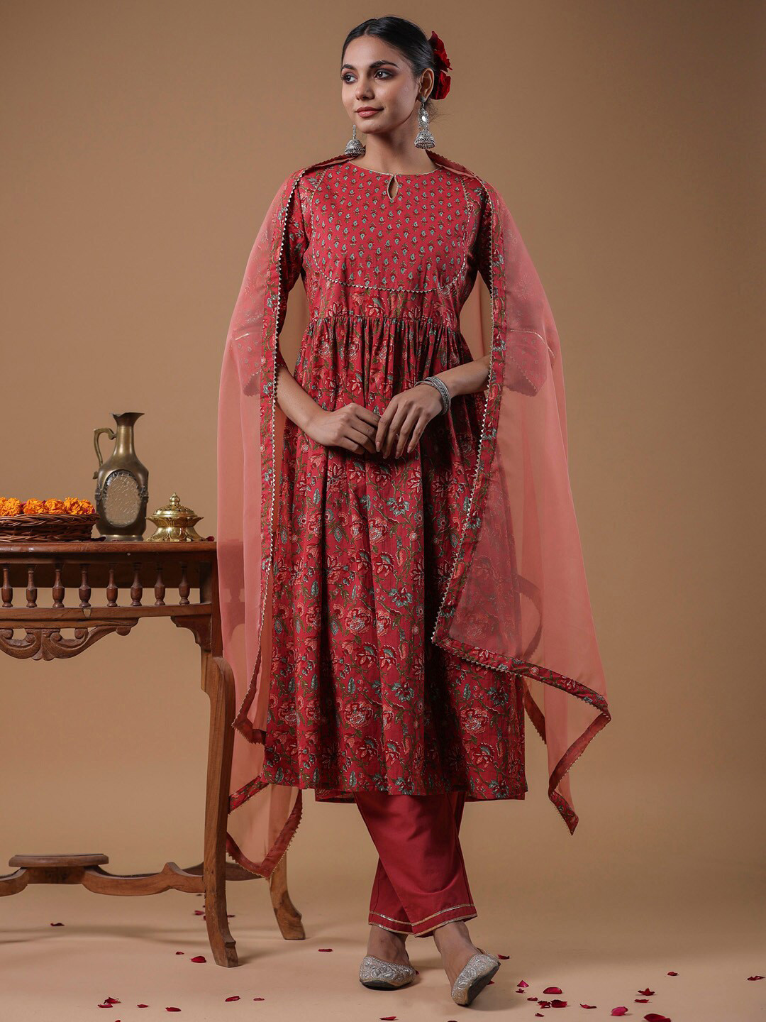 Indo Era Burgundy Ethnic Motifs Printed Keyhole Neck Flared Sleeves Kaftan Kurta