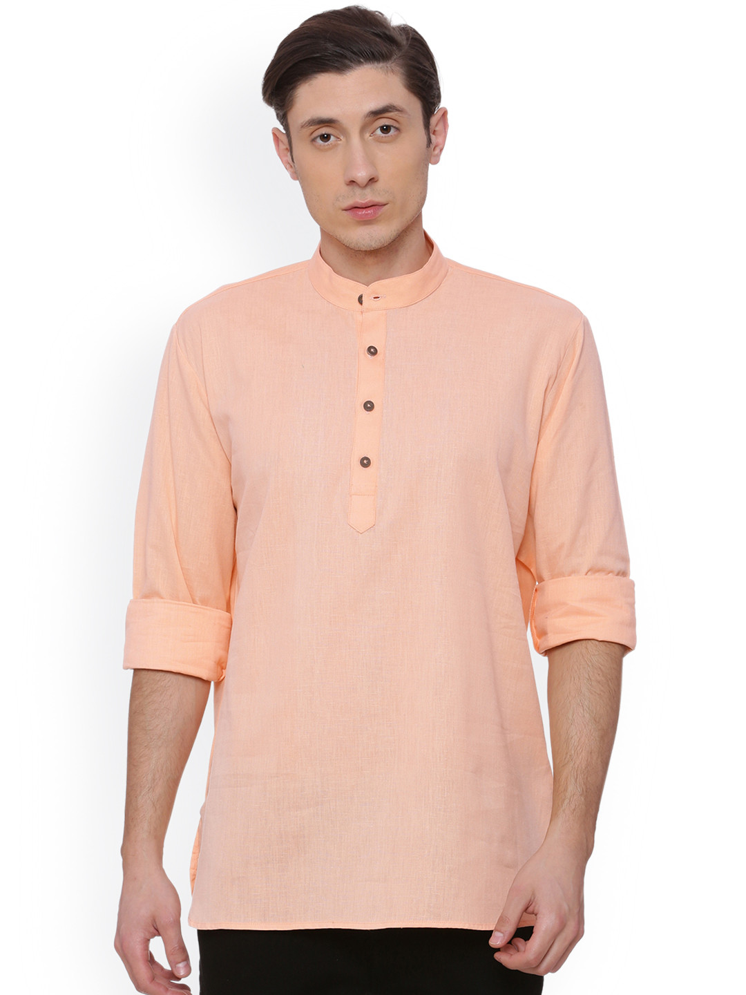 Men Peach-Coloured & White Printed Pure Cotton Straight Kurta