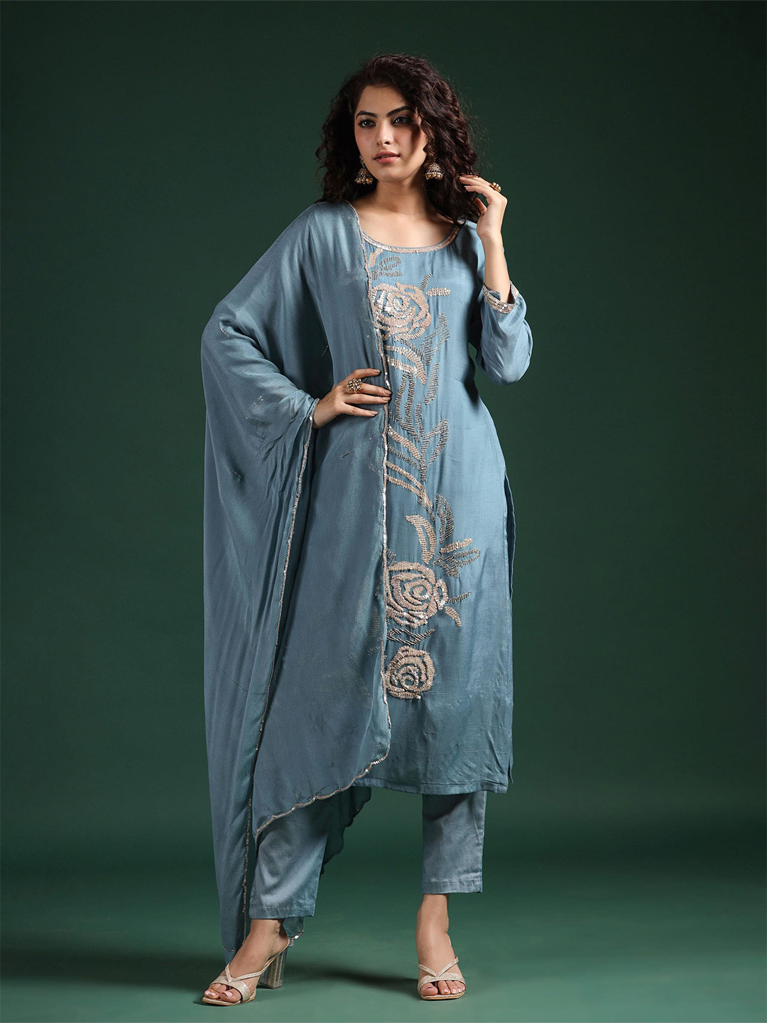 Women's Straight Sequinned Blue Kurta Set with Dupatta
