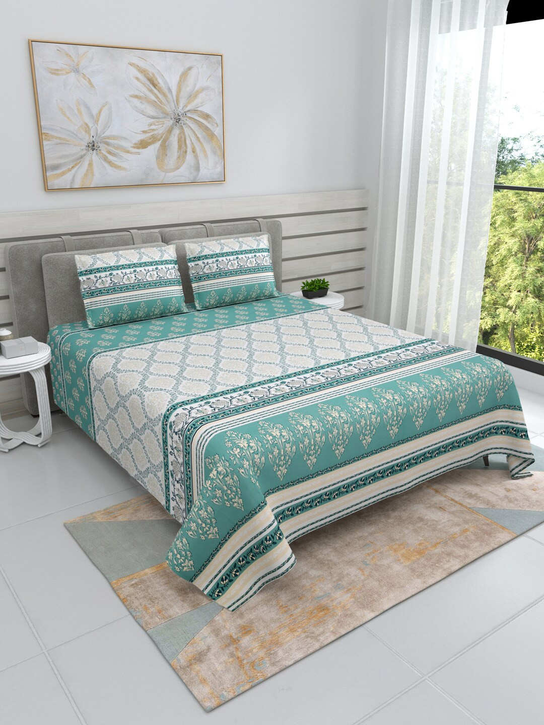 Buy DREAM WEAVERZ Green & White Floral Cotton 220 TC King Bedsheet With