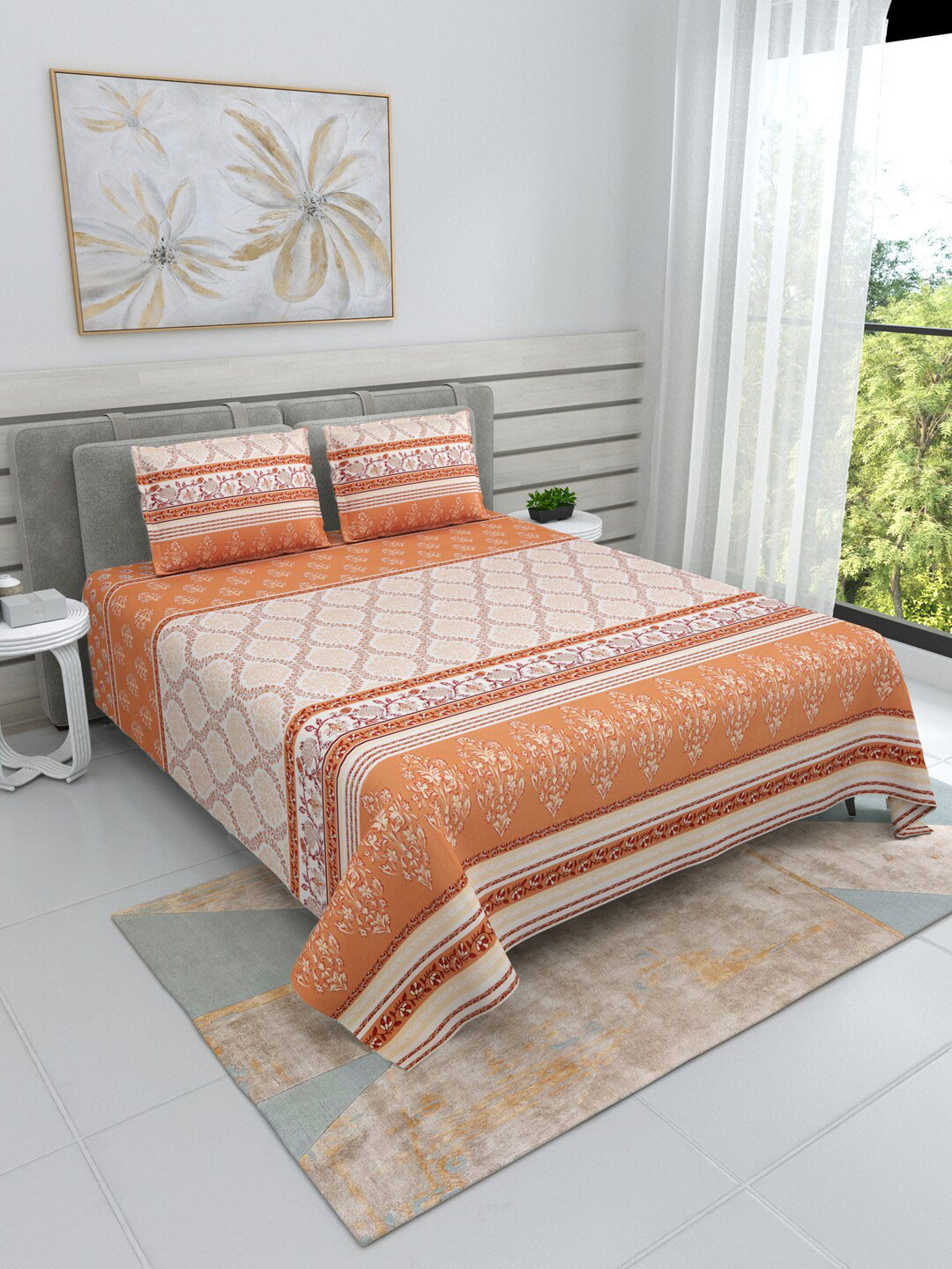 Buy DREAM WEAVERZ Orange & White Floral Cotton 220 TC King Bedsheet