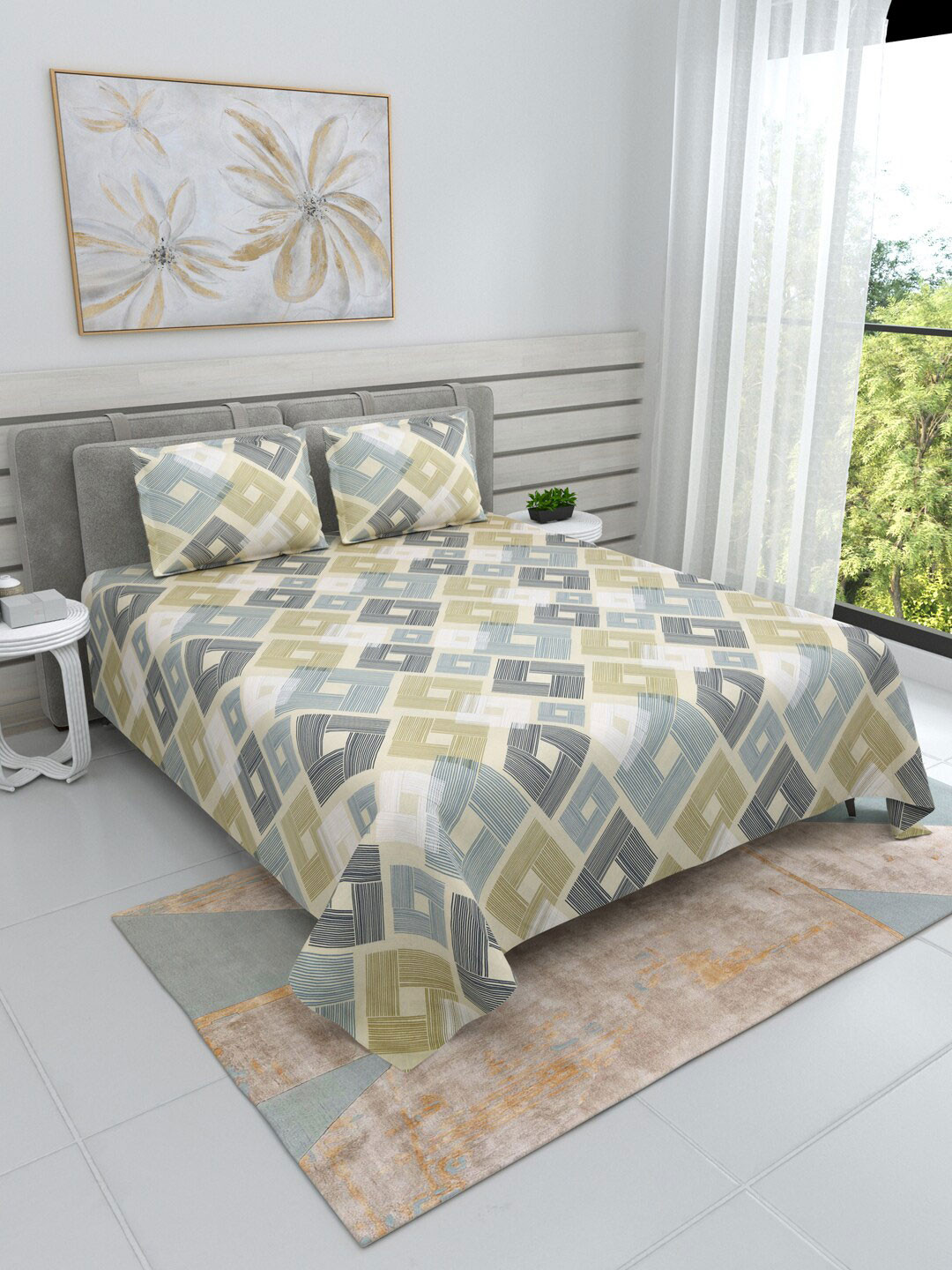 Buy DREAM WEAVERZ Grey Geometric Cotton 220 TC King Bedsheet With 2