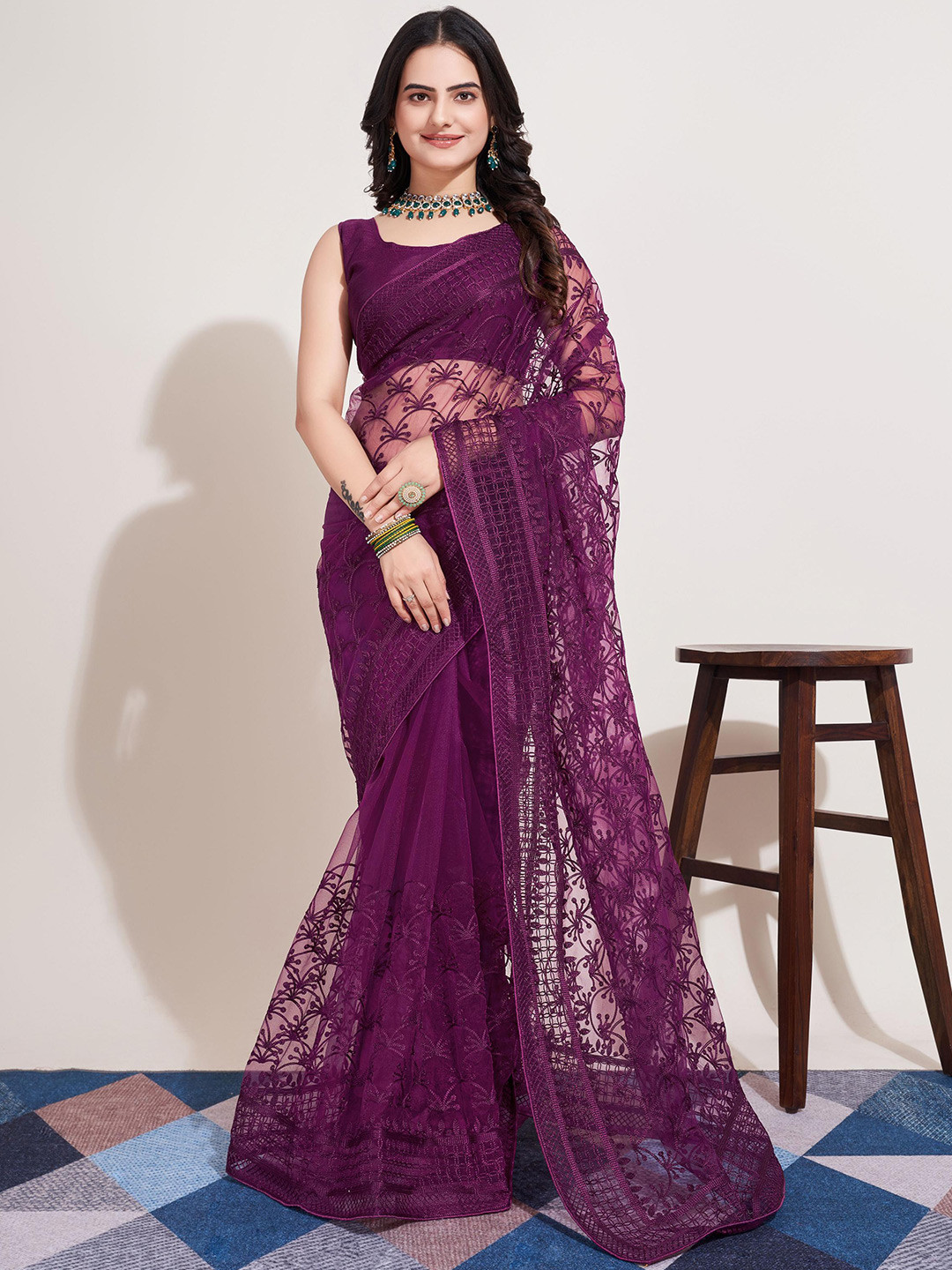 Firoji Party Wear Floral Embroidered Net Saree main image 0