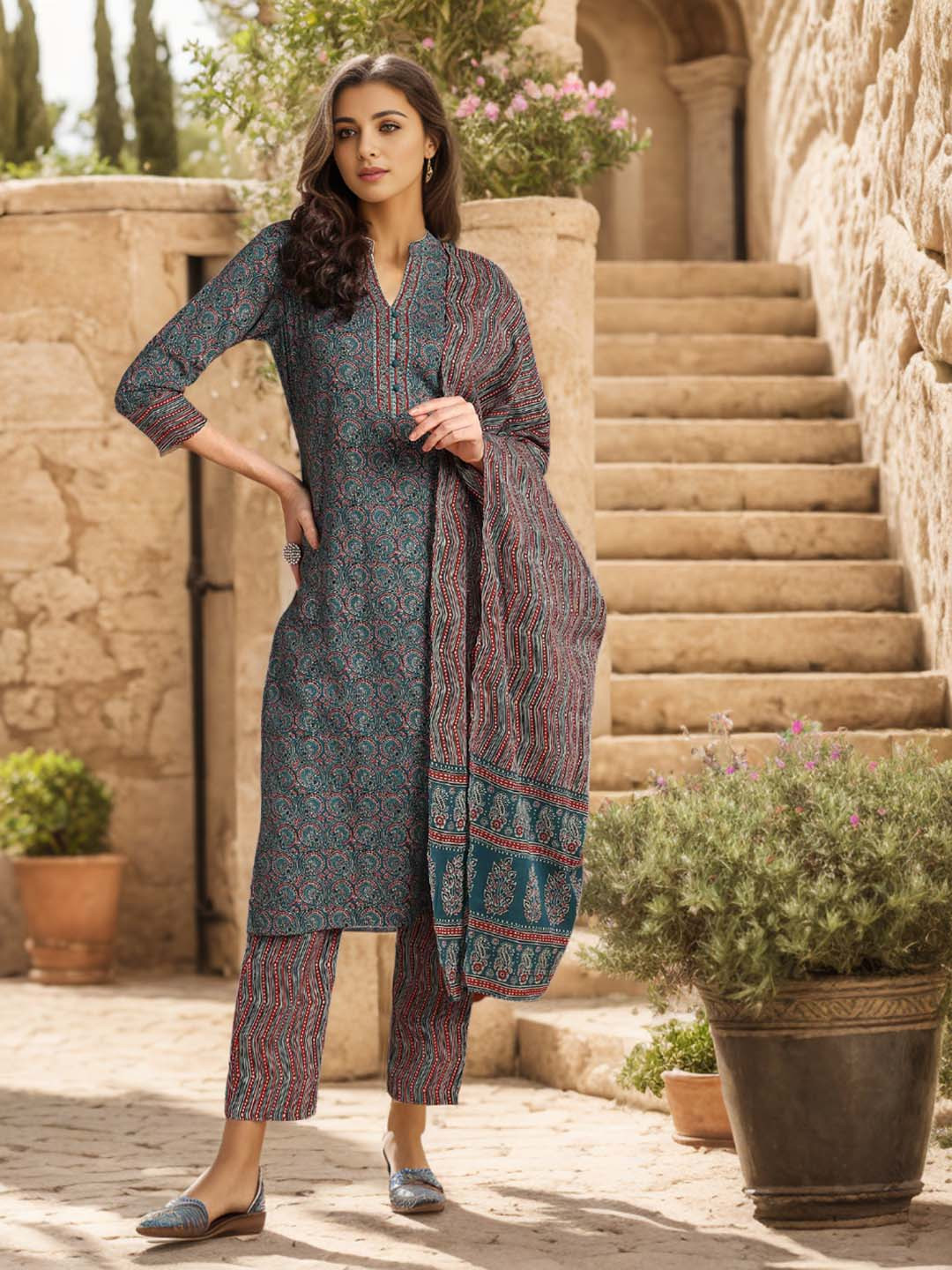 Red Ethnic Motifs Woven Design Mandarin Collar Kurta with Dhoti Pants