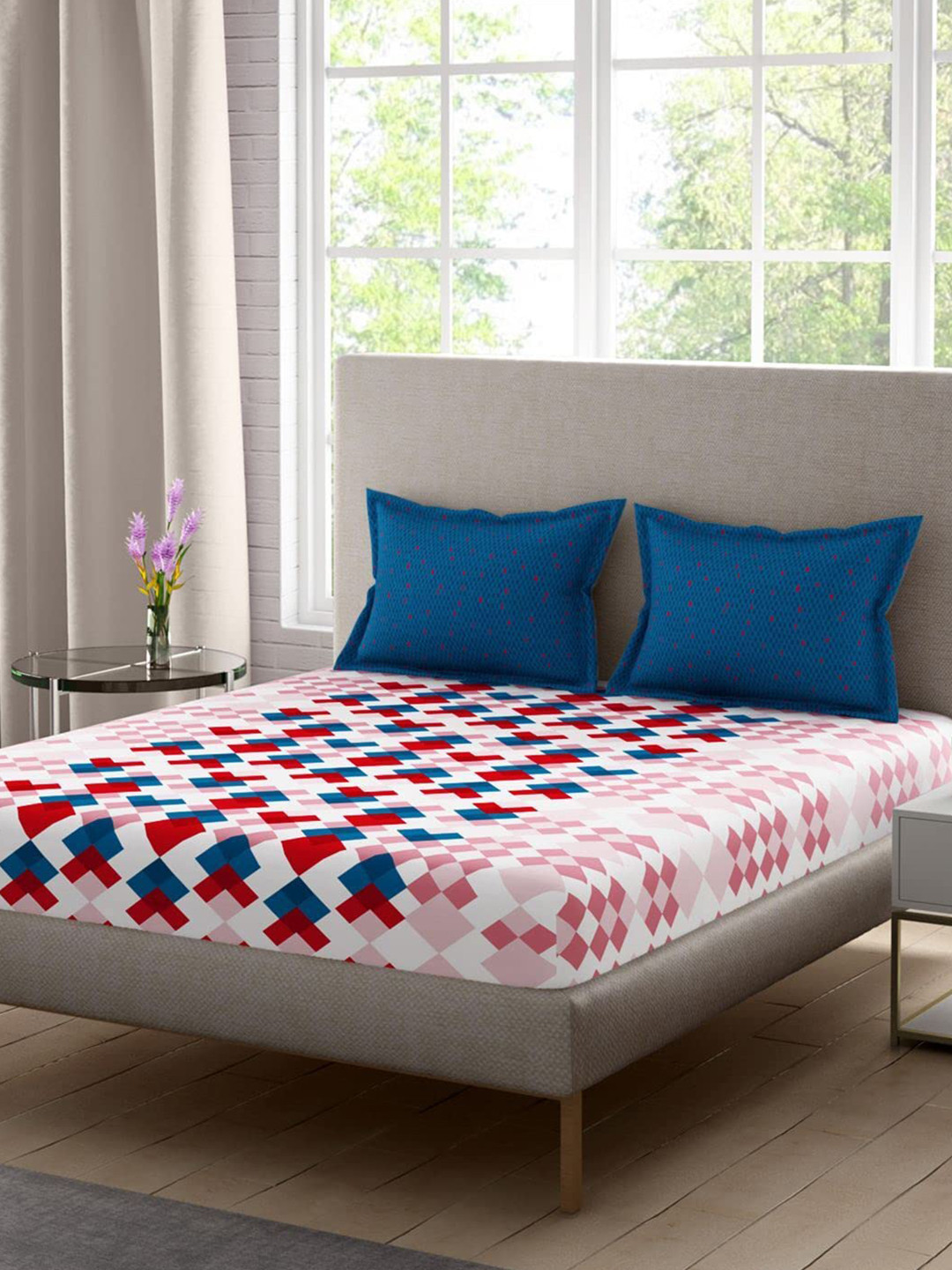 Buy Portico White & Blue Geometric Printed 180 TC King Bedsheet Set