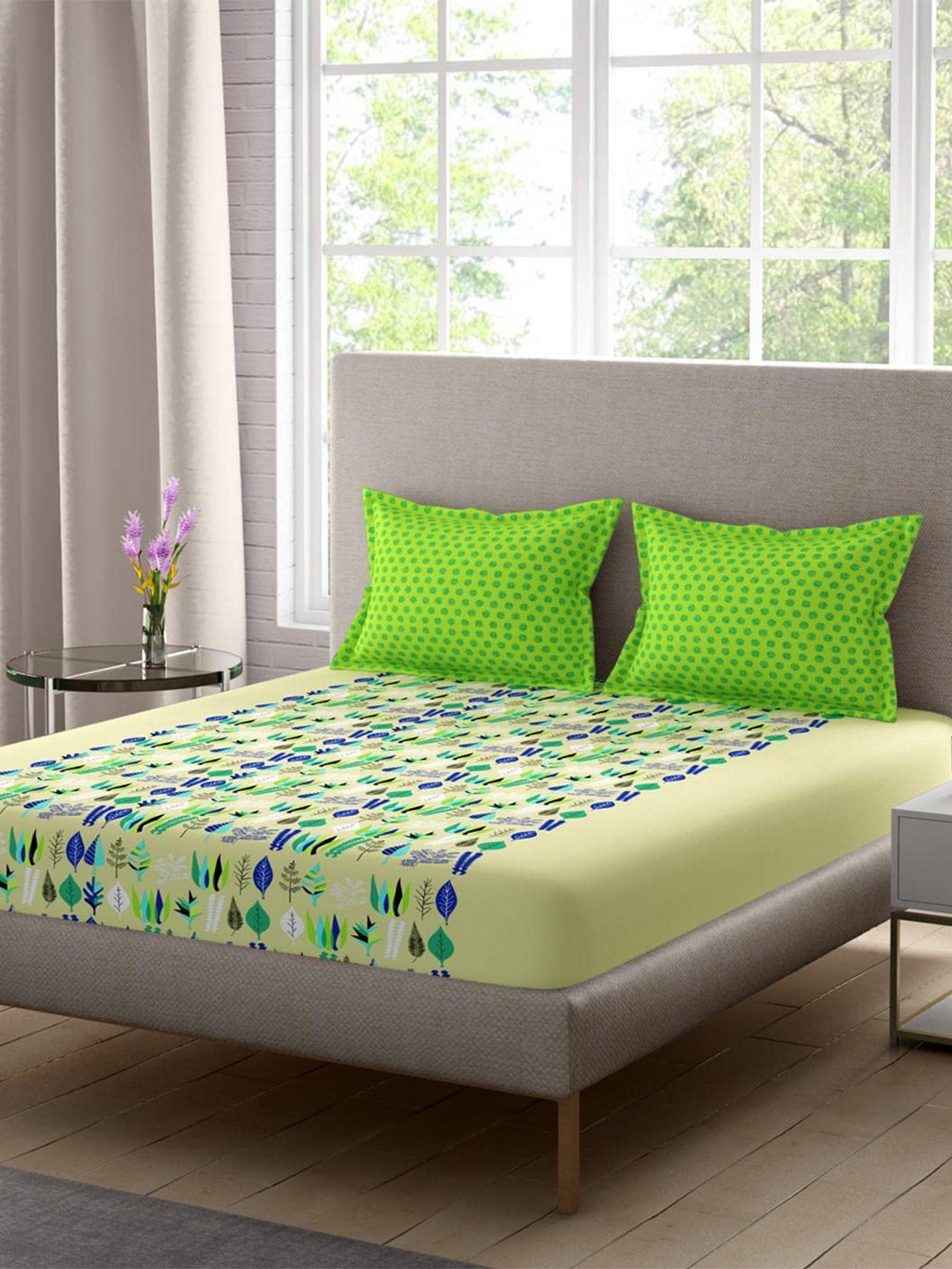 Buy Portico Yellow & Green Floral Cotton 180 TC King Bedsheet With 2