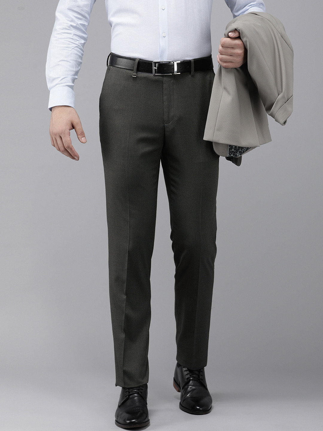 Buy Van Heusen Men Solid Mid Rise Slim Fit Formal Trousers - Trousers ...