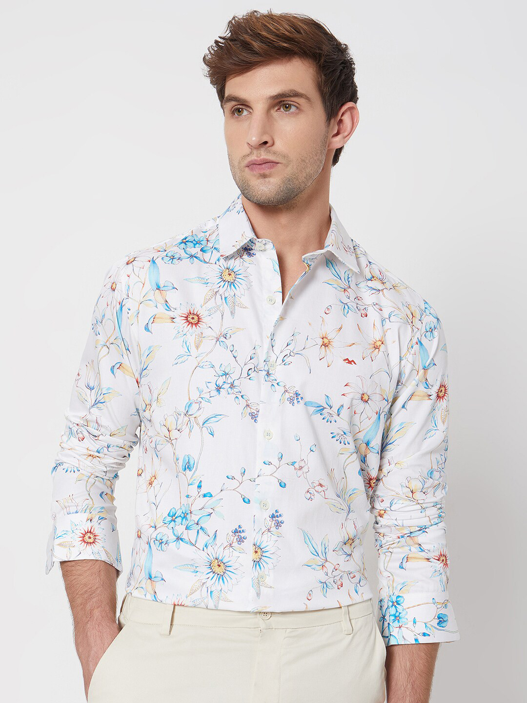 Men's Blue Smart Slim Fit Floral Printed Cotton Shirt