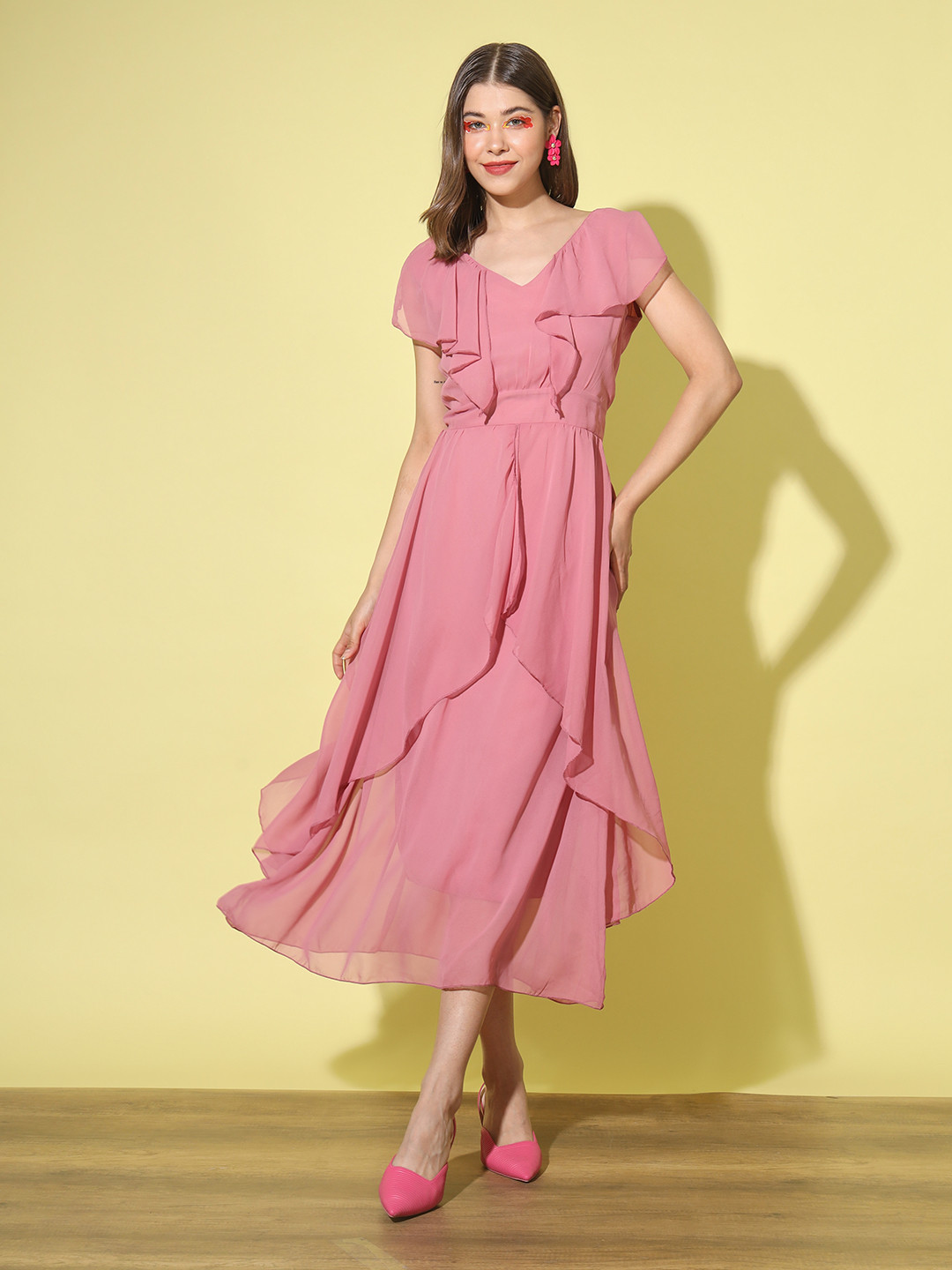 Women's Violet Square Neck Shoulder Straps Georgette Fit and Flare Dress