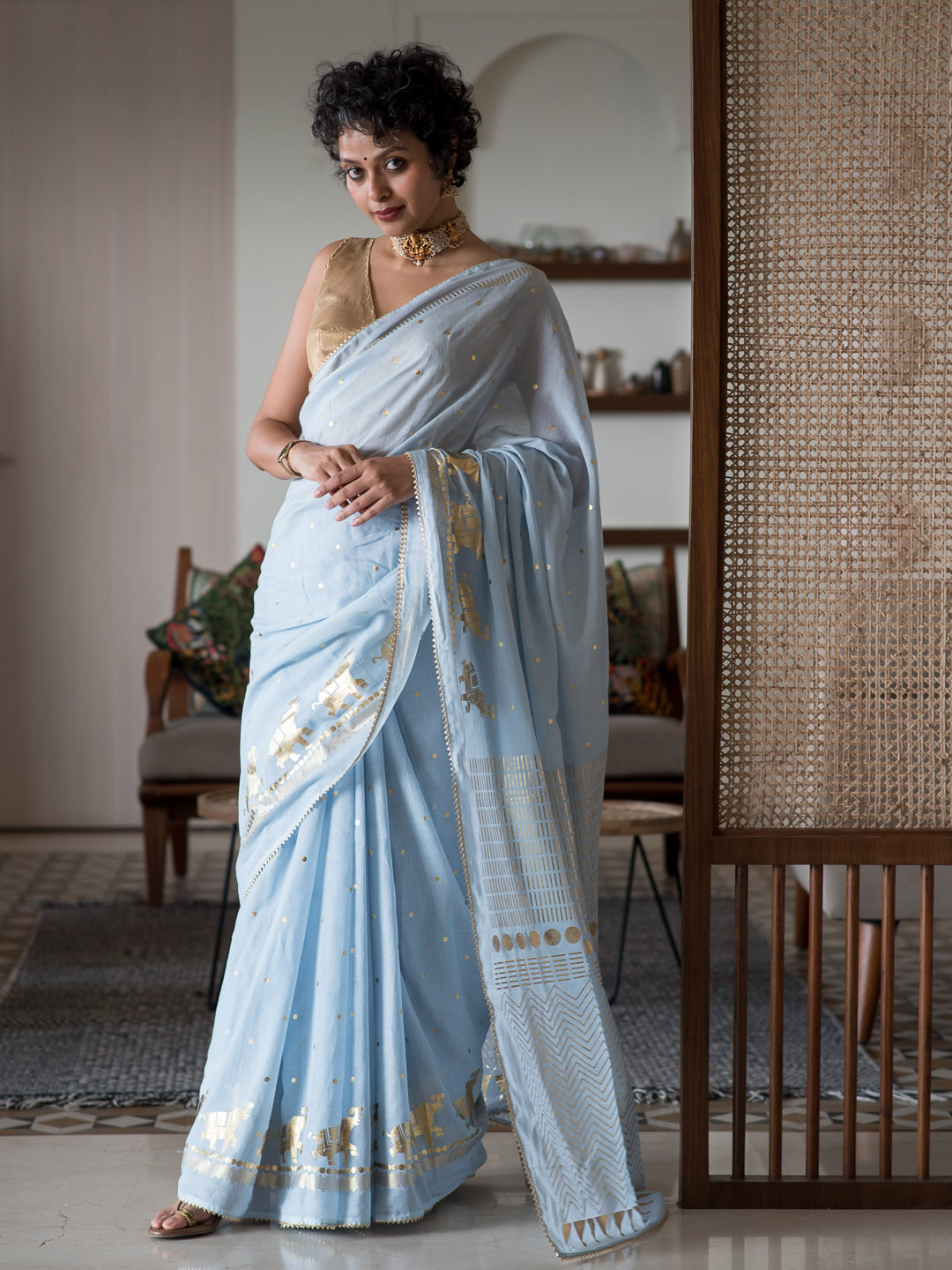 Blue Polka Dot Beads and Stones Saree