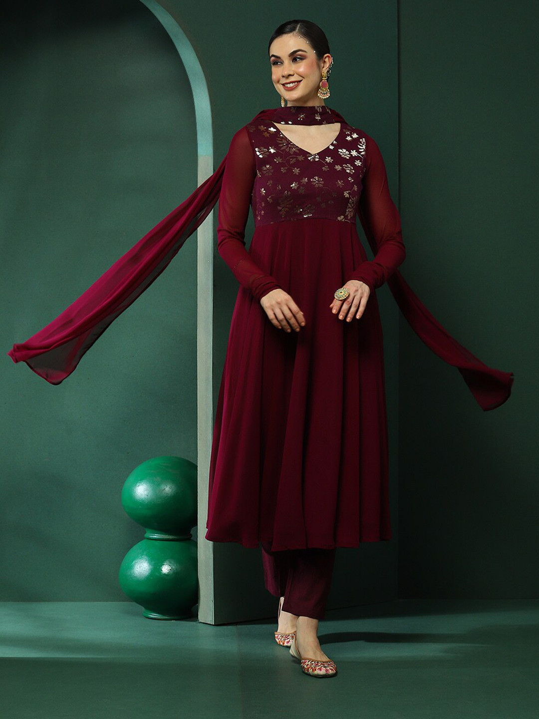 Floral Yoke Design Round Neck Sequinned Straight Kurta with Trousers & With Dupatta