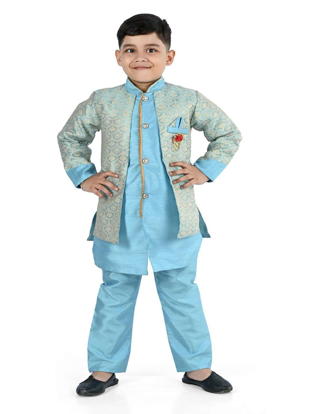 Boy Tiny Blooms Printed Kurta Pant Set- Turquoise main image 0